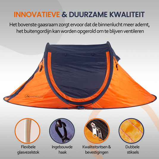Hikemeister ® 3 Plus Koepeltent Pop up met binnentent – 220 x 120 x 95 CM – Trekking - Fesitval verduisterend - tent 2 persoons - incl. draagtas - waterdichte tent – Oranje Blau SPF 50 zon protectie 2 persoons