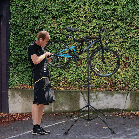 Hikemeister ® Fiets ophangsysteem - fiets reparatiestandaard Montagestandaard - Tot 35 kg - Fietsreparatie Ebike - MTB -alle fietsen - Incl. Stuurhouder - Zwart - magneetbak