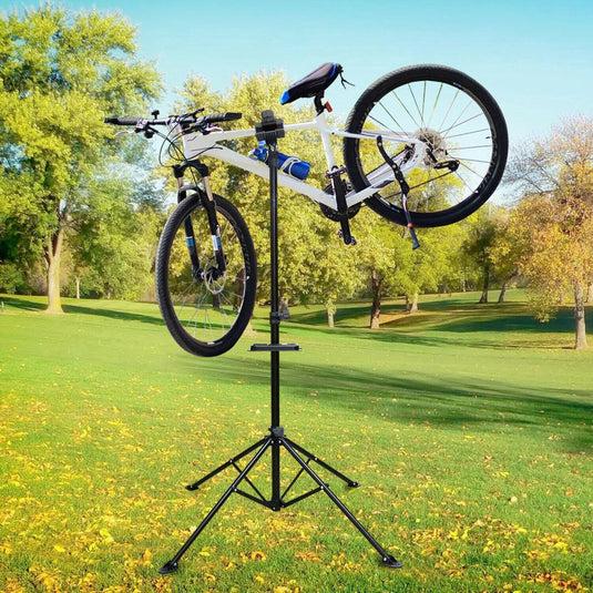 Hikemeister ® Fiets ophangsysteem - fiets reparatiestandaard Montagestandaard - Tot 35 kg - Fietsreparatie Ebike - MTB -alle fietsen - Incl. Stuurhouder - Zwart - magneetbak