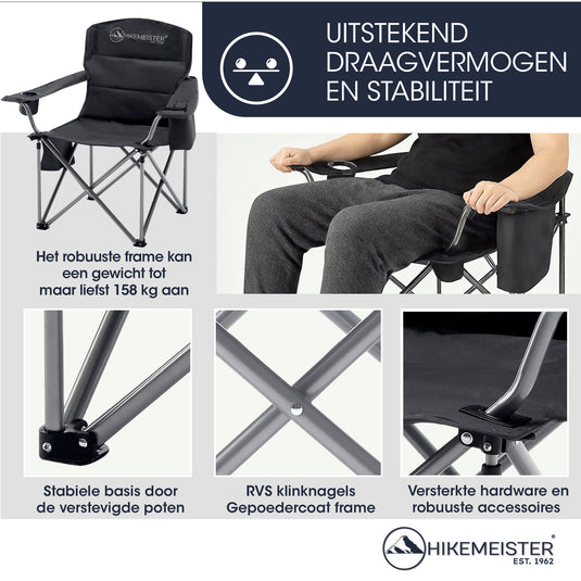 Trvlmore Campingstoel - Inclusief Draagtas - 150 Kg - Opbergvak - Klapstoel - Zwart Trvlmore Campingstoel - Inclusief Draagtas - 150 Kg - Opbergvak - Klapstoel - Zwart