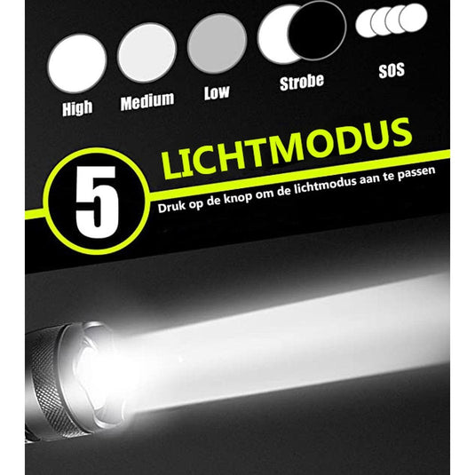 Hikemeister ® PRO Militaire LED Zaklamp - USB-C Oplaadbaar - 3000 lumen - 5000mAh Batterij - met holster -2 Jaar Garantie!