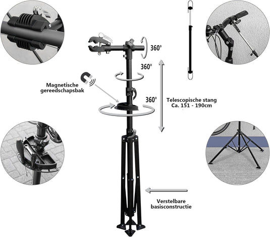Hikemeister ® Fiets ophangsysteem - fiets reparatiestandaard Montagestandaard - Tot 35 kg - Fietsreparatie Ebike - MTB -alle fietsen - Incl. Stuurhouder - Zwart - magneetbak